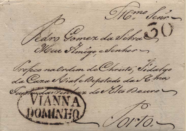 0556.jpg -     Lote:    556            Portugal       Descrição:      Vianna do Minho &mdash;   A sépia, GM VCT4 em carta datada de Viana (28.04.1814) para o Porto, com o porte de 30 reis batido a sépia. Marcas bem batidas. MB.        Carta       Valor Base:     &euro; 30,00     Valor Venda:     &euro; 50,00     