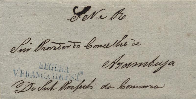 0560.jpg -     Lote:    560            Portugal       Descrição:      Vila Franca da Restauração / Segura &mdash;   A azul, GM VFX4 + VFX-S2, em carta datada de Vila Franca de Xira (31.08.34) para Azambuja, isenta de porte (SNR). MB.        Carta       Valor Base:     &euro; 100,00     Valor Venda:     Retirado     