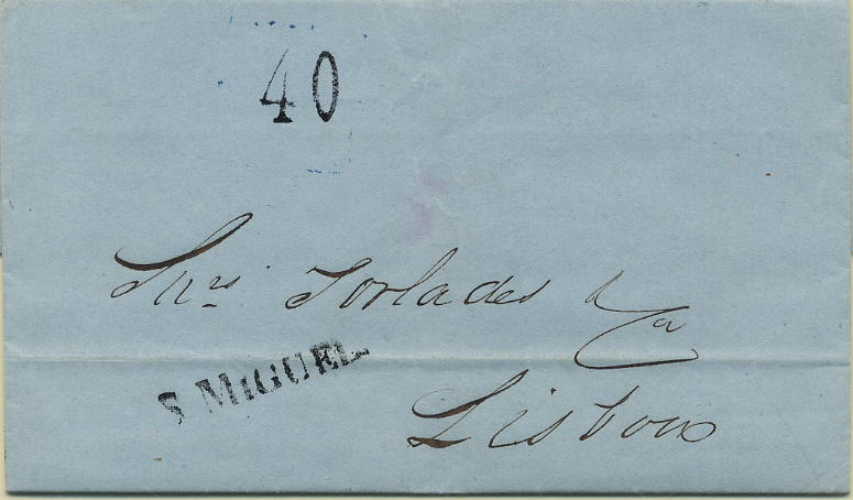 0568.jpg -     Lote:    568            Açores       Descrição:      S. Miguel &mdash;   A preto, GM PDL3, em carta datada de S. Miguel (13.07.1848) para Lisboa (23.07.1848) com o porte de 40 reis batido a preto. MB        Carta       Valor Base:     &euro; 120,00     Valor Venda:     &euro; 160,00     