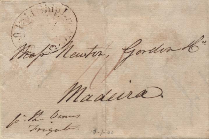 0570.jpg -     Lote:    570            Madeira       Descrição:      Madeira    (Cartas do estrangeiro). Carta remetida de Londres (15.07.1800) para a Madeira, pelo Vénus, com o porte inglês de 10p manuscrito a sépia. Carimbo inglês batido a sépia "POST PAID SHIP LRE / LONDON".        Carta       Valor Base:     &euro; 10,00     Valor Venda:     &euro; 22,00     