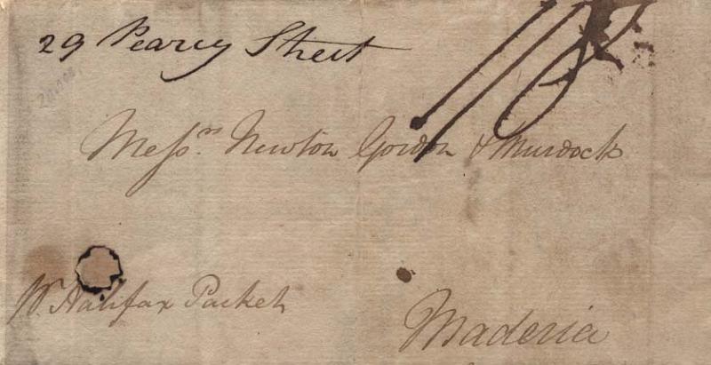 0571.jpg -     Lote:    571            Madeira       Descrição:      Madeira    (Cartas chegadas do estrangeiro). Carta remetida de Kingston *Jamaica (18.05.1799) para a Madeira pelo "Halifax Packet". Carimbo da Jamaica batido a sépia no verso. Porte de 1/8, manuscrito a sépia.        Carta       Valor Base:     &euro; 10,00     Valor Venda:     Retirado     