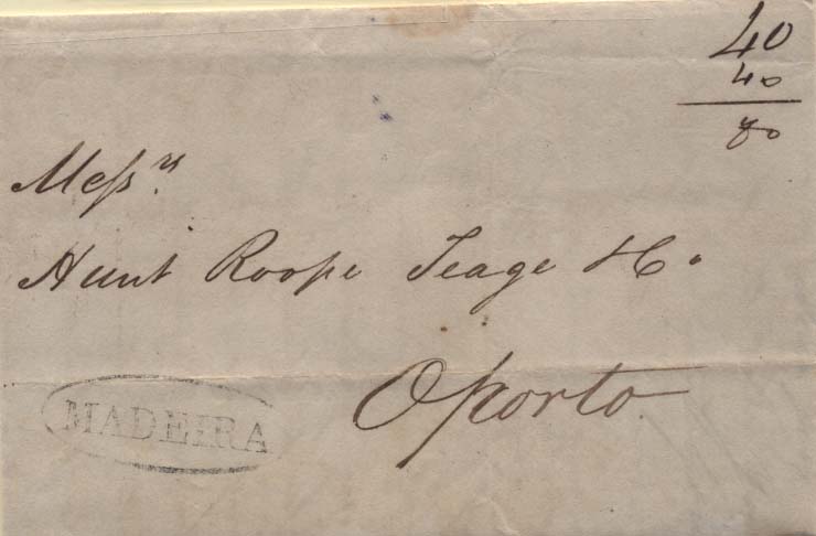 0573.jpg -     Lote:    573            Madeira       Descrição:      Madeira &mdash;   A preto GM FUN3, em carta datada do Funchal (04.04.1837) para o Porto, com trânsito por Lisboa (03.05.37), com o porte de 40 reis de origem + 40 reis pelo porte territorial (Lisboa &mdash; Porto), num total de 80 reis, todos manuscritos a sépia.        Carta       Valor Base:     &euro; 25,00     Valor Venda:     &euro; 46,00     