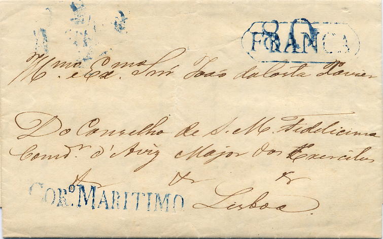 0578.jpg -     Lote:    578            Moçambique       Descrição:      Moçambique &mdash;   Carta circulada de Moçambique (01.01.1847) para Lisboa (16.06.1847)  com o porte de 80 reis batido a azul. Por o destinatário estar isento de porte foi este anulado com o carimbo FRANCA batido a azul (GM LSB PP4) + carimbo de denominação de origem COR.º MARITIMO também batido a azul (GM LSB CM1). MB e MR.        Carta       Valor Base:     &euro; 1,000,00     Valor Venda:     &euro; 2200,00     