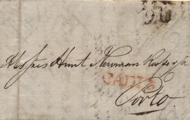 0582.jpg -     Lote:    582            Correio do estrangeiro       Descrição:      Cartas do estrangeiro.   Carta remetida Cadiz (17.08.1811) para o Porto (10.00.1811), com marca a vermelho "CADIZ" e porte de 90 reis batido a preto à chegada a Portugal.        Carta       Valor Base:     &euro; 6,00     Valor Venda:     &euro; 6,00     