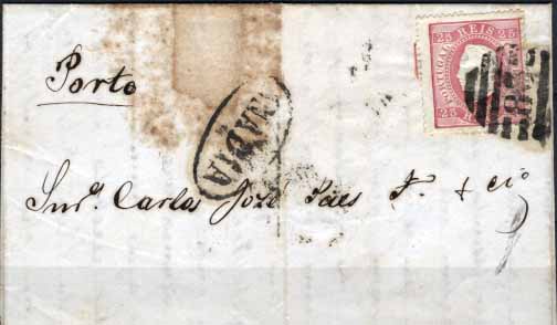 0585.jpg -     Lote:    585            Portugal       Descrição:         1870/76 &mdash; D. Luís I fita direita. CE40, 25 reis carmim, papel liso, denteado 14, em carta circulada de Anadia (22.06.1874) para o Porto (23.06.74), obliterada com carimbo numérico da 2.ª reforma 83 + mais nominativo ANADIA. B e MR.        Carta       Valor Base:     &euro; 50,00     Valor Venda:     Retirado     