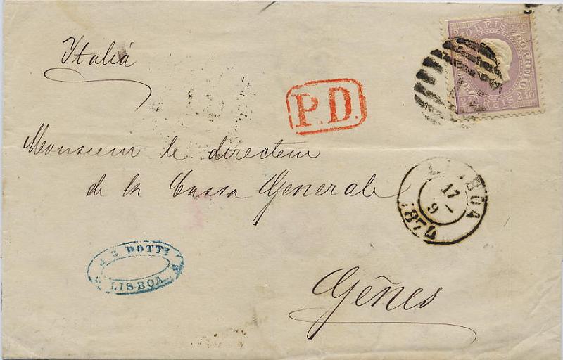 0586.jpg -     Lote:    586            Portugal       Descrição:         1870/76 &mdash; D. Luís I, fita direita. Sobrescrito circulado de Lisboa (17.09.1874) para Geñes (24.09.74) com trânsito pela Ambulância ferroviária de Modane-Torino (24.009.74), franqueada com selo de 240 reis violeta, papel liso, denteado 12 &frac12;, CE46. Franquia correspondente ao 2.º porte (11 a 20 gramas) para cartas remetidas para Itália de acordo com a Convenção Postal assinada entre Portugal e Itália em 23.01.1871 e publicada no DG n.º 73 de 31.03.1871. Carimbo batido a vermelho P.D. Carta de excepcional qualidade, apresentando o selo uma cor fresca. MB e MR. Valor de catálogo &euro; 7.320,00.        Carta       Valor Base:     &euro; 3.500,00     Valor Venda:     Retirado     