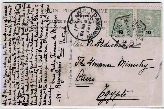 0595.jpg -     Lote:    595            Portugal       Descrição:         1895/96 &mdash; D. Carlos I, Mouchon. Postal ilustrado circulado do Porto (23-3-1908) para o Egipto (carimbo de chegada na frente de 31.5.1908) com par horizontal de selos de 10 réis verde amarelo, CE128. Dobra num canto. Raro destino. B.        PI       Valor Base:     &euro; 8,00     Valor Venda:     &euro; 22,00     