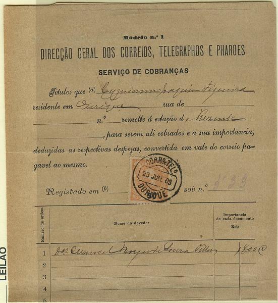 0596.jpg -     Lote:    596            Portugal       Descrição:         1895/96 &mdash; D. Carlos I Mouchon. Impresso Mod.1 do Serviço de Encomendas com selo de 5 reis laranja CE127 obliterados em Ourique (23.06.03). Pagamento do valor do impresso. MB e MR.        DOC       Valor Base:     &euro; 15,00     Valor Venda:     Retirado     