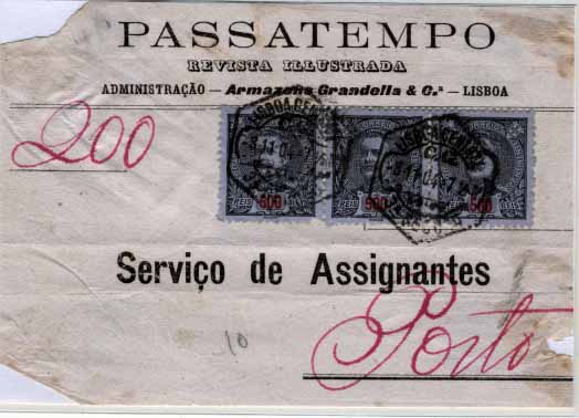 0598.jpg -     Lote:    598            Portugal       Descrição:         1895/96 &mdash; Fragmento de cinta de revista ilustrada "Passatempo) com tira de 3 selos de 500 reis, preto cinzento s/ azul em denteado 11 &frac12;. CE139. Raro.        FRG       Valor Base:     &euro; 20,00     Valor Venda:     &euro; 50,00     