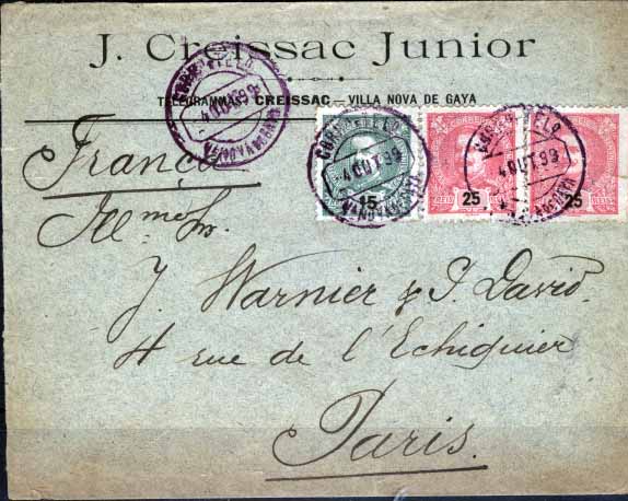 0599.jpg -     Lote:    599            Portugal       Descrição:         1898/1905 &mdash; D. Carlos I. Novas cores e valores. Sobrescrito circulado de Vila Nova de Gaia (04.10.99) para Paris, com selos de 15 reis verde e 2x25 reis carmim, CE140/141. MB.        Carta       Valor Base:     &euro; 12,00     Valor Venda:     Retirado     