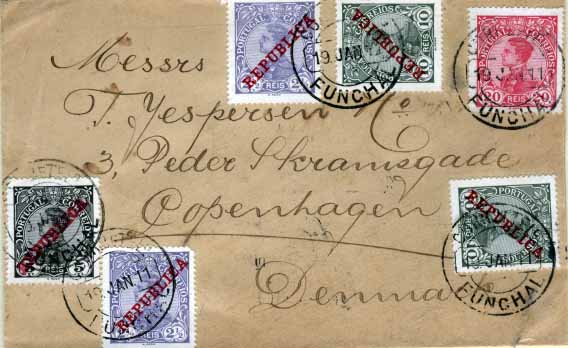 0601.jpg -     Lote:    601            Portugal       Descrição:         1910 &mdash; D. Manuel II + D. Manuel II com sobrecarga REPUBLICA. Sobrescrito circulado do Funchal (19.01.11) para a Dinamarca (30.01.11), com selos de 20 reis CE160, 2 &frac12; (2), 5 e 10 (2) reis CE170/172.        Carta       Valor Base:     &euro; 20,00     Valor Venda:     &euro; 20,00     