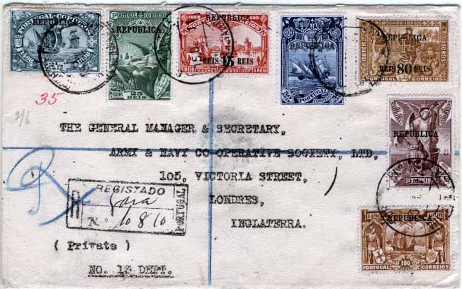 0602.jpg -     Lote:    602            Portugal       Descrição:         1911 &mdash; 4.º Centenário do descobrimento do Caminho Marítimo para a Índia com sobrecarga República sobre selos do Continente. Sobrescrito circulado de Vila Nova de Gaia (15.12.11) para Inglaterra (19.12.11) com trânsito pelo Porto (15.12.11) com selos de 2 &frac12;, 15 s/5, 25, 50, 75, 80 s/150 e 100 reis CE184/190. B        Carta       Valor Base:     &euro; 50,00     Valor Venda:     Retirado     