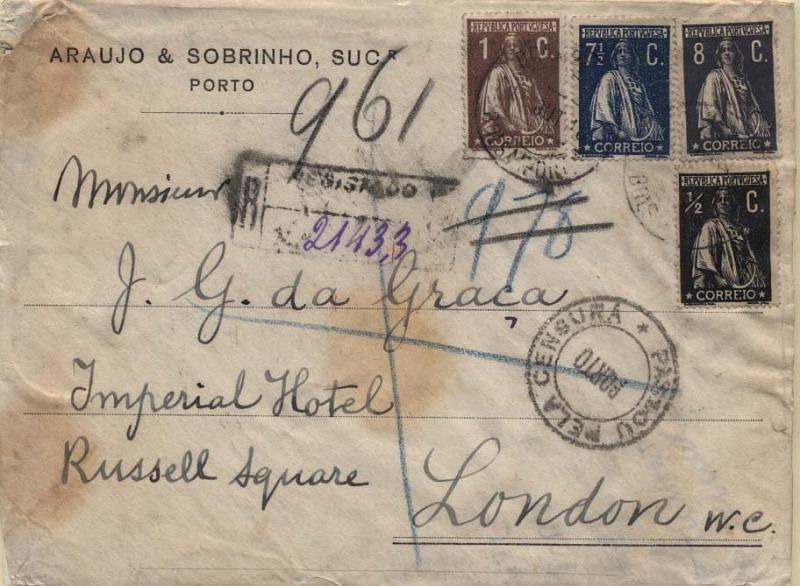 0604.jpg -     Lote:    604            Portugal       Descrição:         1912/18 &mdash; Ceres. Sobrescrito circulado registado do Porto (18.10.18 ) para Londres (24.10.18) com selos de &frac12; c, 1c, 7 &frac12; c e 8c, todos em denteado 15x14, CE207, 214, 221 e 229. Censurada no Porto (carimbo batido a preto) e em Londres (cinta).        Carta       Valor Base:     &euro; 10,00     Valor Venda:     &euro; 12,00     