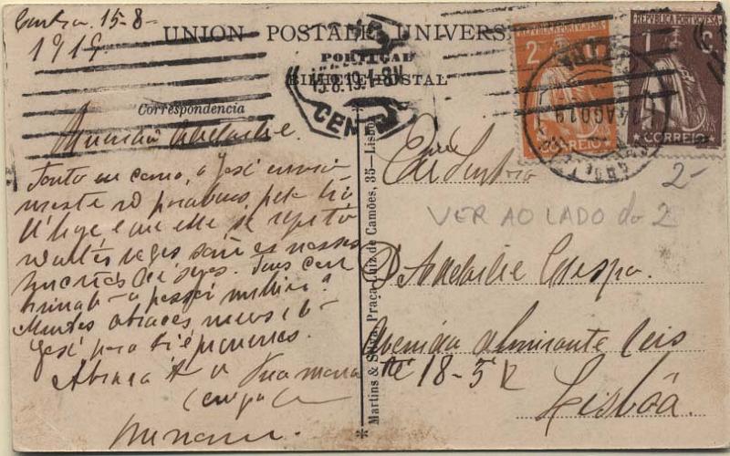 0612.jpg -     Lote:    612            Portugal       Descrição:         1917/20 &mdash; Ceres. Novas taxas e cores. Postal ilustrado circulado de Coimbra (14.08.1919) para Lisboa, com selos de 1C castanho CE221 + 2C laranja CE223, todos em papel pontinhado e denteado 15x14. Selo de 2C com variedade de cliché à direita do 2 da taxa. Não catalogada.        PI       Valor Base:     &euro; 5,00     Valor Venda:     &euro; 5,00     
