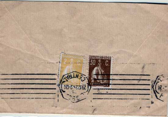 0619.jpg -     Lote:    619            Portugal       Descrição:         1924/26 &mdash; Ceres. Novas taxas e cores. Sobrescrito circulado de Lisboa (29.12.24) para Seatle * USA, com selos de 2C amarelo e 30C canela, papel liso, CE276 e 281. B e R.        Carta       Valor Base:     &euro; 30,00     Valor Venda:     Retirado     