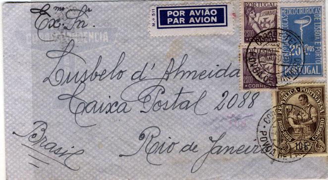 0628.jpg -     Lote:    628            Portugal       Descrição:         1936 &mdash; Lusíadas + Centenário das Escolas Médico-cirúrgicas + Centenário de Camilo Castelo Branco. Sobrescrito circulado por via aérea da Povoa de Varzim (04.08.38) para o Rio de Janeiro (09.08.38) com trânsito por Lisboa (06.08.38), com 2x2$00  CE528 + 25C, CE576 + 10$00 CE359 (usado como selo recurso).        Carta       Valor Base:     &euro; 10,00     Valor Venda:     &euro; 18,00     