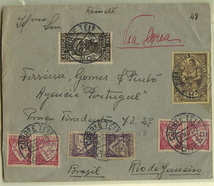 0629.jpg -     Lote:    629            Portugal       Descrição:         1931/38 &mdash; Lusíadas + Exposição Colonial + Centenário Camilo Castelo Branco. Sobrescrito circulado por via aérea, remetido de Monção (16.05.35) para O Brasil (25.05.35) com trânsito por Lisboa (07.05.35) com selos de 10E CE359, $25 CE561, 2x10c CE516 e quatro selos (em pares) de 95C carmim CE545. B e R.        Carta       Valor Base:     &euro; 12,00     Valor Venda:     &euro; 26,00     