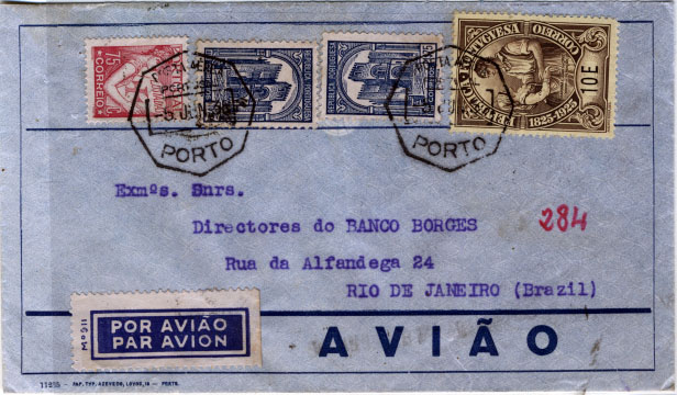 0630.jpg -     Lote:    630            Portugal       Descrição:         1936 &mdash; Lusíadas + Sé de Coimbra + Centenário de Camilo Castelo Branco. Sobrescrito circulado por via aérea do Porto (05.06.36) para o Rio de Janeiro (09.06.36) com trânsito por Lisboa (06.06.36), com selo de 75C carmim CE523 + 2x1$75 CE575 + 10$00 CE359 (usado como selo recurso).        Carta       Valor Base:     &euro; 10,00     Valor Venda:     &euro; 10,00     