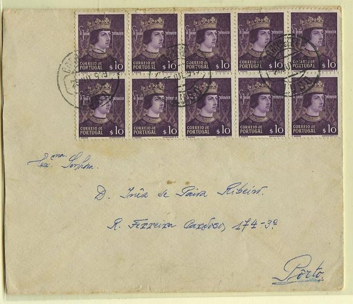 0632.jpg -     Lote:    632            Portugal       Descrição:         1949 &mdash; Dinastia de Avis. Sobrescrito circulado do Luso (26.07.49) para o Porto (26.07.49) com bloco 10 selos de $10 CE705. MB.        Carta       Valor Base:     &euro; 10,00     Valor Venda:     &euro; 14,00     