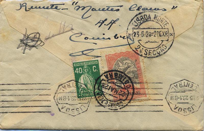 0640.jpg -     Lote:    640            Portugal       Descrição:         1928 &mdash; Jogos Olímpicos * Imposto Postal + Ceres. Sobrescrito circulado de Coimbra (22.02.28) para Lisboa (23.05.28), com selo 40C Ceres emissão Londres CE406 + selo de 15C do Imposto Postal * Jogos Olímpicos de Amesterdão CE IPT21. MB e MR.        Carta       Valor Base:     &euro; 150,00     Valor Venda:     &euro; 380,00     