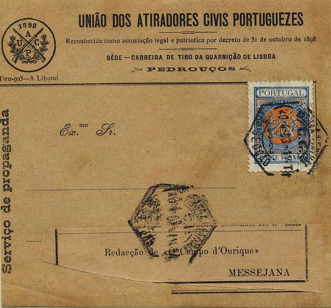 0643.jpg -     Lote:    643            Portugal       Descrição:         1899/1910 &mdash; Porte Franco * Emblema da União dos Atiradores Civis Portugueses. Cinta de jornal de "O Tiro Civil" circulada de Lisboa (20.04.1903) para a Messejana, com selo de porte franco emitido em 1 de Agosto de 1903, azul e laranja CE UACP4. MB e MR.        CNT       Valor Base:     &euro; 350,00     Valor Venda:     Retirado     