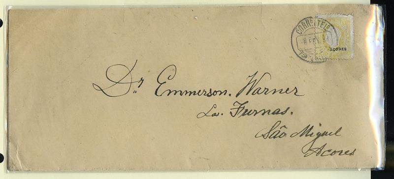 0645.jpg -     Lote:    645            Açores       Descrição:         1882/84 &mdash; D. Luís I, fita direita. Sobrescrito circulado de Ponta Delgada (08.02.83) para Furnas, com selo de 150 reis amarelo, papel porcelana, denteado 12 &frac12; CE44. Selo com pequeno defeito. No verso carimbo nominativo batido a preto de FURNAS.        Carta       Valor Base:     &euro; 30,00     Valor Venda:     Retirado     