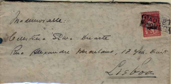 0647.jpg -     Lote:    647            Açores       Descrição:         1924/26 &mdash; Ceres. Selos do Continente com sobrecarga "AÇORES". Sobrescrito remetido de Santa Cruz (10.02.30) e lançado em caixa de correio a bordo de paquete, para Lisboa (26.02.30), com selo de 48C rosa, CE206.        Carta       Valor Base:     &euro; 10,00     Valor Venda:     Retirado     