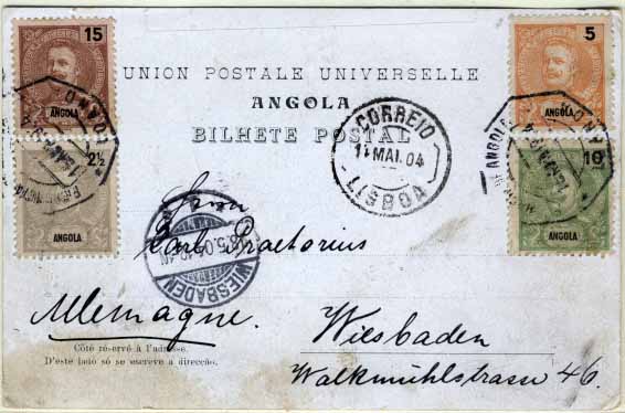 0654.jpg -     Lote:    654            Angola       Descrição:         1898/1901 &mdash; D. Carlos I tipo Mouchon. Postal ilustrado circulado de Luanda (15.04.04) para a Alemanha (18.05.04) com trânsito por Lisboa (15.05.04), com selos de 2 &frac12;, 5, 10 e 15 reis CE38/41.        PI       Valor Base:     &euro; 12,00     Valor Venda:     Retirado     