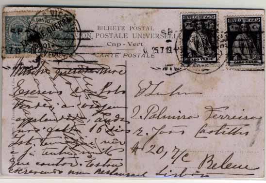 0659.jpg -     Lote:    659            Cabo Verde       Descrição:         1919 &mdash; Taxa de Guerra + Ceres. Postal ilustrado circulado de S. Vicente (13.07.19) para Lisboa (25.07.19), com dois selos de &frac12; C preto CE138 + selo do Imposto Postal * Taxa de Guerra, emitido para as colónias de África de 0$01 verde, CE IP1. MB e MR.        PI       Valor Base:     &euro; 120,00     Valor Venda:     Retirado     