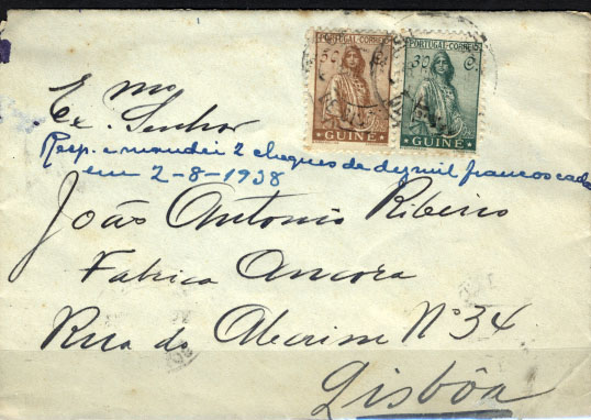 0661.jpg -     Lote:    661            Guiné       Descrição:         1933 &mdash; Ceres. Novo Tipo. Sobrescrito circulado de Bissau (08.07.38) para Lisboa (27.07.38), com selos de 30C e 50C CE209 e 212.        Carta       Valor Base:     &euro; 8,00     Valor Venda:     &euro; 10,00     