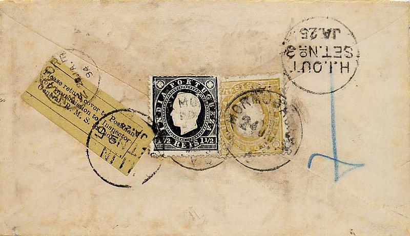 0663.jpg -     Lote:    663            Índia Portuguesa       Descrição:         1886 &mdash; D. Luís. Fita direita. Sobrescrito circulado de Mormugão C. A. (24.01.94) para Mangalore (26.01.94) com selo de 1 &frac12; reis preto, denteado 12 &frac12;, CE132 e selo de 4 &frac12; reis, denteado 12 &frac12;, CE133.        Carta       Valor Base:     &euro; 200,00     Valor Venda:     &euro; 260,00     
