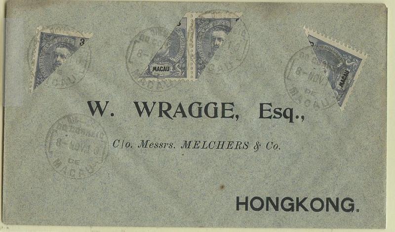 0666.jpg -     Lote:    666            Macau       Descrição:         1903 &mdash; D. C Carlos I tipo Mouchon. Novas cores e valores. Selos BIPARTIDOS. CE130, 3 avos cinzento ardósia. Quatro selos em sobrescrito circulado de Macau (08.11.10) para Hong-Kong.        Carta       Valor Base:     &euro; 15,00     Valor Venda:     &euro; 15,00     