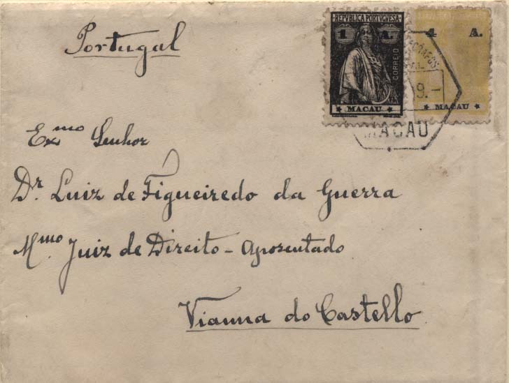 0670.jpg -     Lote:    670            Macau       Descrição:         1913/24 &mdash; Ceres. Sobrescrito circulado de Macau (25.10.29) para Viana do Castelo (02.11.29) com selos de 1 avo preto, denteado 12x11 &frac12;, estrelas III/IV e 4 avos amarelo (selo com defeito), denteado 12x11 &frac12;, estrelas III/IV. B.        Carta       Valor Base:     &euro; 25,00     Valor Venda:     &euro; 25,00     