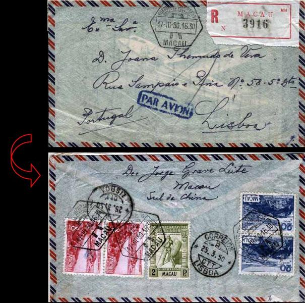 0672.jpg -     Lote:    672            Macau       Descrição:         1938/48 &mdash; Império Colonial Português + Motivos locais. Sobrescrito circulado registado, por via aérea de Macau (17.03.50) para Lisboa (25.03.50), com selo de 2P CE303, 2xCE330 e 2xCE332.         Carta       Valor Base:     &euro; 30,00     Valor Venda:     Retirado     