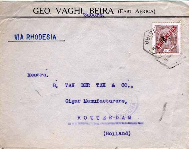 0683.jpg -     Lote:    683            Companhia de Moçambique       Descrição:         1911 &mdash; Tipo Elefantes, com sobrecarga REPUBLICA da Casa da Moeda. Sobrescrito circulado da Beira (??.06.16) para A Holanda (01.07.16) com selo de 50 reis castanho, denteado 11 &frac12;, papel porcelana CE83. Censurada na Beira (carimbo batido a violeta).        Carta       Valor Base:     &euro; 15,00     Valor Venda:     &euro; 15,00     