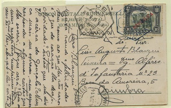 0687.jpg -     Lote:    687            Companhia do Niassa       Descrição:         1911 &mdash; D. Manuel II. Motivos diversos, com sobrecarga REPUBLICA. Postal ilustrado circulado de Quissanga (12.05.14) para Lisboa (14.06.14) com trânsito por IBO (18.05.14), com selo de 10 reis verde CE54. Carimbo hexagonal de QUISSANGA batido a azul. MB e R.        PI       Valor Base:     &euro; 40,00.     Valor Venda:     &euro; 40,00     
