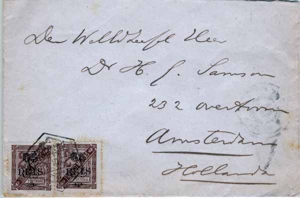 0688.jpg -     Lote:    688            Lourenço Marques       Descrição:         1902 &mdash; D. Carlos I com sobretaxa. Sobrescrito circulado de Lourenço Marques (03.12.04) para Amesterdão (25.12.04) com  par de selos de 65 s/ 2 &frac12; reis, denteado 11 &frac12;.        Carta       Valor Base:     &euro; 22,00     Valor Venda:     &euro; 22,00     