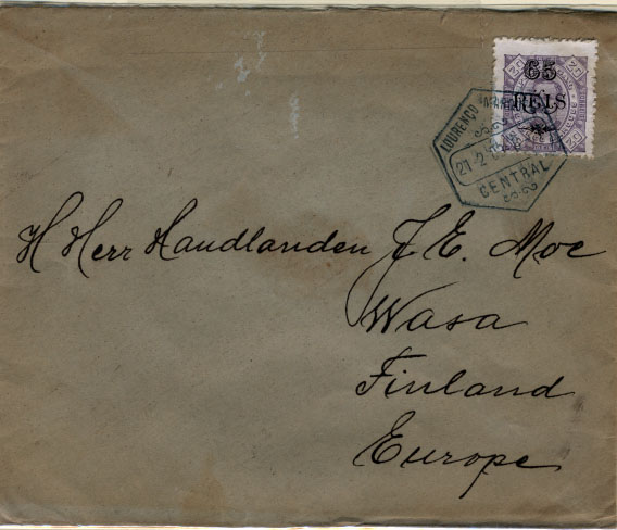0689.jpg -     Lote:    689            Lourenço Marques       Descrição:         1902 &mdash; D. Carlos i, com sobretaxa. CE55, 65 s/ 20 reis violeta, denteado 11 &frac12;. Selo sobre sobrescrito circulado de Lourenço Marques (21.02.03) para a Finlândia (18.03.03). MB e R.        Carta       Valor Base:     &euro; 40,00     Valor Venda:     &euro; 40,00     