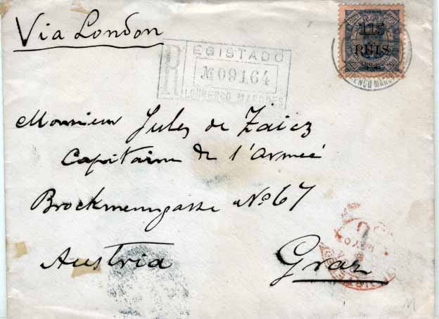 0690.jpg -     Lote:    690            Lourenço Marques       Descrição:         1902 &mdash; D. Carlos I, tipo Diogo Neto, com sobretaxa. Sobrescrito circulado registado de Lourenço Marques para a Áustria, com trânsito por Londres (08.05.03), com selo de 130 s/ 300 reis azul s/ laranja, denteado 11 &frac12;, CE58. MB e R.        Carta       Valor Base:     &euro; 75,00     Valor Venda:     &euro; 75,00     