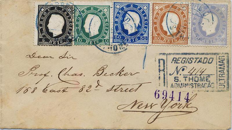 0694.jpg -     Lote:    694            S. Tomé e Príncipe       Descrição:         1887 &mdash; D. Luís I, fita direita. Sobrescrito circulado registado de S. Tomé (??.04.91) para Nova York (24.05.91) com trânsito por Lisboa (12.05.91), com selos de 5 reis preto, 10 reis verde, 50 reis azul, 100 reis castanho amarelo e 200 reis azul violeta, todos em denteado 13 &frac12;, CE15, 16, 20/22. Ligação S. Tomé &mdash; Lisboa feita pelo Paquete S. Thomé. MB e MR.        Carta       Valor Base:     &euro; 2,000,00     Valor Venda:     Retirado     