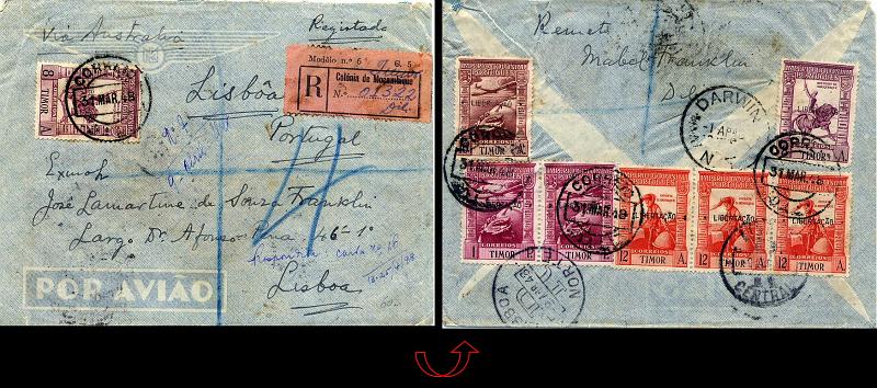 0697.jpg -     Lote:    697            Timor       Descrição:         1947 &mdash; Império Colonial Português com sobrecarga "LIBERTAÇÂO". Sobrescrito circulado registado por via aérea de Dili (31.03.48) para Lisboa (09.04.48) com trânsito por Darwin (01.04.48) com selos de 8 avos (2) e 12 avos (3) correio ordinário CE255 e 257 + 10 avos (1) e 1 P (2) de sobretaxa do correio aéreo CE CA 19 e 23. Etiqueta de registo de Moçambique (transportadas no primeiro navio aquando da reocupação de Timor pelos portugueses) com sobrecarga manuscrita "Timor". MB e R.        Carta       Valor Base:     &euro; 250,00     Valor Venda:     &euro; 340,00     