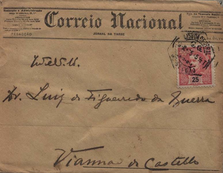 0703.jpg -     Lote:    703                   Descrição:         Cartas publicitárias. Lote de 4 cartas timbradas com selos de D. Carlos I Mouchon e D. Manuel II, com publicidade do: CORREIO NACIONAL, O COMMERCIO DO LIMA, COMPANHIA GERAL DA AGRICULTURA DAS VINHAS DO ALTO DOURO e PIMENTAS & C.ª.        Lote       Valor Base:     &euro; 5,00     Valor Venda:     Retirado     