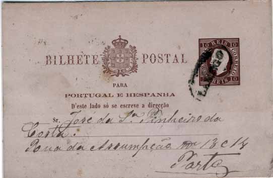 0706.jpg -     Lote:    706            Portugal       Descrição:         1880-81 &mdash; D. Luís I, fita direita. Impressão com relevo. OM7, 10 réis castanho-vermelho claro, cunho II, circulado de Lamego para o Porto (carimbo de chegada no verso de 9.5.1883). Carimbo nominal "LAMEGO" batido a preto. B.        IC       Valor Base:     &euro; 30,00     Valor Venda:     &euro; 30,00     