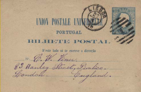 0707.jpg -     Lote:    707            Portugal       Descrição:         1879 &mdash; D. Luís I. Fita Direita. Impressão com relevo. OM4, 20 reis azul. Lote 2 inteiros postais circulados, de Lisboa para Inglaterra e Alemanha + OM6c, 20+20 reis azul claro em novo, com folha dobrada à esquerda. Lote a ver.        IN/IC       Valor Base:     &euro; 15,00     Valor Venda:     Retirado     