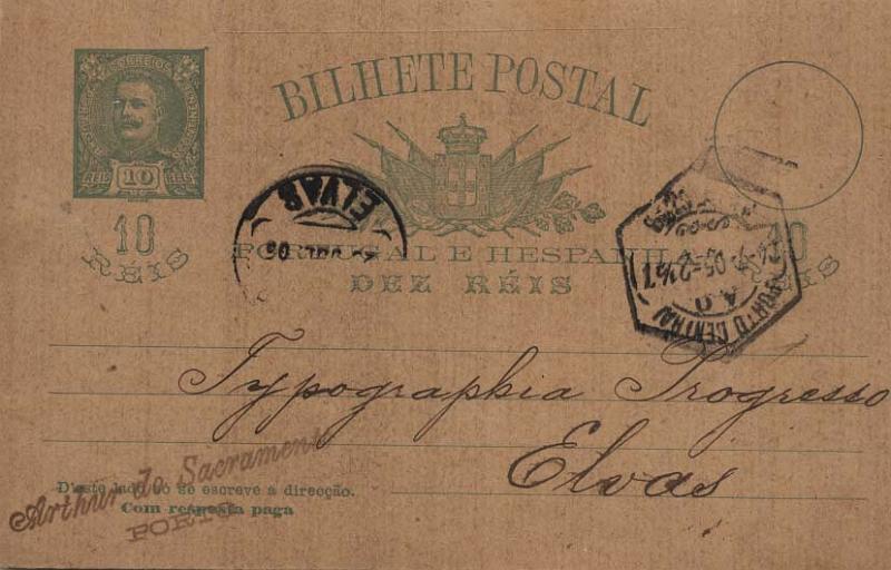 0713.jpg -     Lote:    713            Portugal       Descrição:         1896 &mdash; D. Carlos I tipo Mouchon. OM26, 10+10 reis verde escuro, cartolina camurça. 1.ª folha circulada de Lisboa (24.07.05) para Elvas (30.07.05).        IC       Valor Base:     &euro; 10,00     Valor Venda:     Retirado     