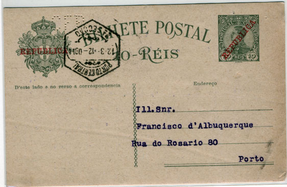 0715.jpg -     Lote:    715            Portugal       Descrição:         1910 &mdash; D. Manuel II com sobrecarga REPUBLICA. OM52, 10 reis verde escuro sobre cartolina creme, circulado no Porto (12.03.12). Repicado com CFP (Credit Franco-Portugais. MB e R.        IC       Valor Base:     &euro; 20,00     Valor Venda:     Retirado     
