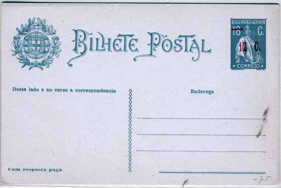 0720.jpg -     Lote:    720            Portugal       Descrição:         1922 &mdash; Ceres. Aumento de porte. OM72, 12+12 ctvs s/ 18+18 ctvs azul-verde, cartolina branca. MB e R.        IN       Valor Base:     &euro; 15,00     Valor Venda:     &euro; 15,00     