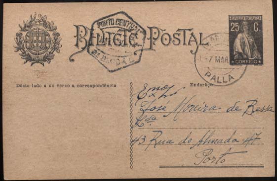 0726.jpg -     Lote:    726            Portugal       Descrição:         1924/26 &mdash; Ceres. Aumento de porte. OM74, 25C preto. Lote de 30 inteiros circulados com marcofilia pouco vulgar, como por exemplo: PALLA, ALGOZ, CALÇADA, LAGOAÇA, ANGEJA, AIFIFE (erro?), FERREIRA/PAREDES DE COURA, PEGA (GUARDA), VALLINHA, etc... Lote a ver.        IC       Valor Base:     &euro; 10,00     Valor Venda:     &euro; 60,00     