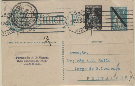 0727.jpg -     Lote:    727            Portugal       Descrição:         1924 &mdash; Ceres. Emissão de 192&frac12;2 com novos selos aplicados. OM76 (novo selo ao lado de "Postal"), 25C preto s/ 18C azul-verde, cartolina branca, circulado de Lisboa (04.12.24) para a Portalegre (05.12.24).        IC       Valor Base:     &euro; 15,00     Valor Venda:     Retirado     