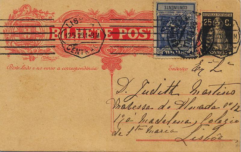 0729.jpg -     Lote:    729            Portugal       Descrição:         1928 &mdash; Ceres, gravura de Júlio Alves. OM78, 25C preto, circulado de Santarém (11.05.28) para Lisboa (12.05.28) com selo de 15C do imposto Postal * Monumento ao Marquês de Pombal (Plano) CE IP19. MB.        IC       Valor Base:     &euro; 20,00     Valor Venda:     &euro; 65,00     